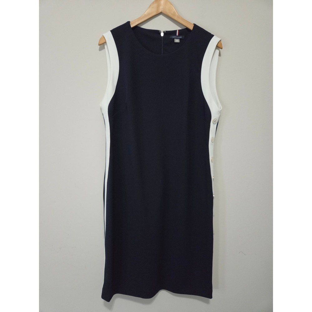 Tommy Hilfiger Womens Navy White Side Stripe Button Sheath Dress Size‎ 16